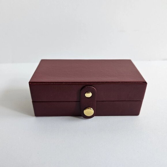 Vintage-Inspired Small Travel Jewelry Box – Burgundy Faux Leather with Gold Snap - Picture 1 of 10